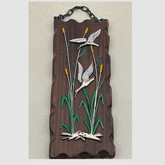 Vintage 1960s wall plaque, W. Germany, painted raised metal artwork on wood - Picture 1 of 5